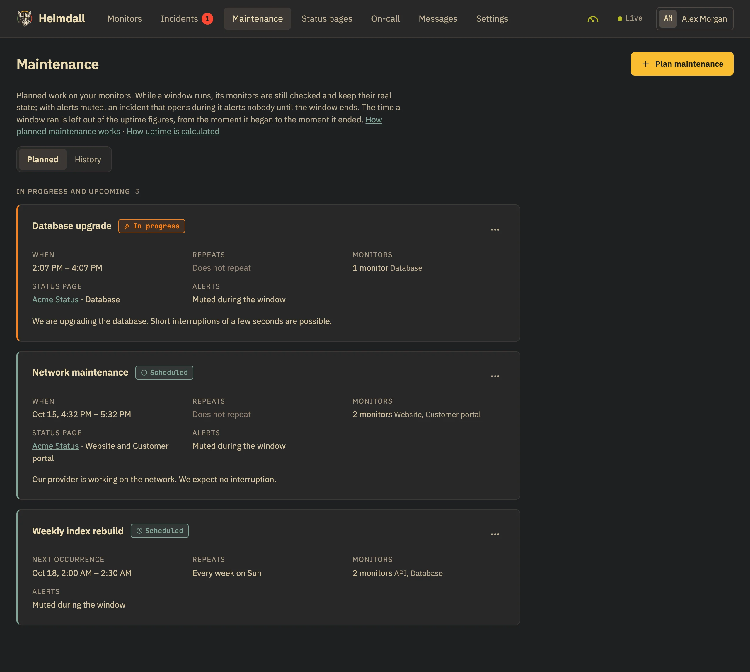 The Maintenance page: a window in progress, a scheduled one and one that repeats every week, each with its time, the monitors it covers, the status page it is announced on and whether alerts are muted.