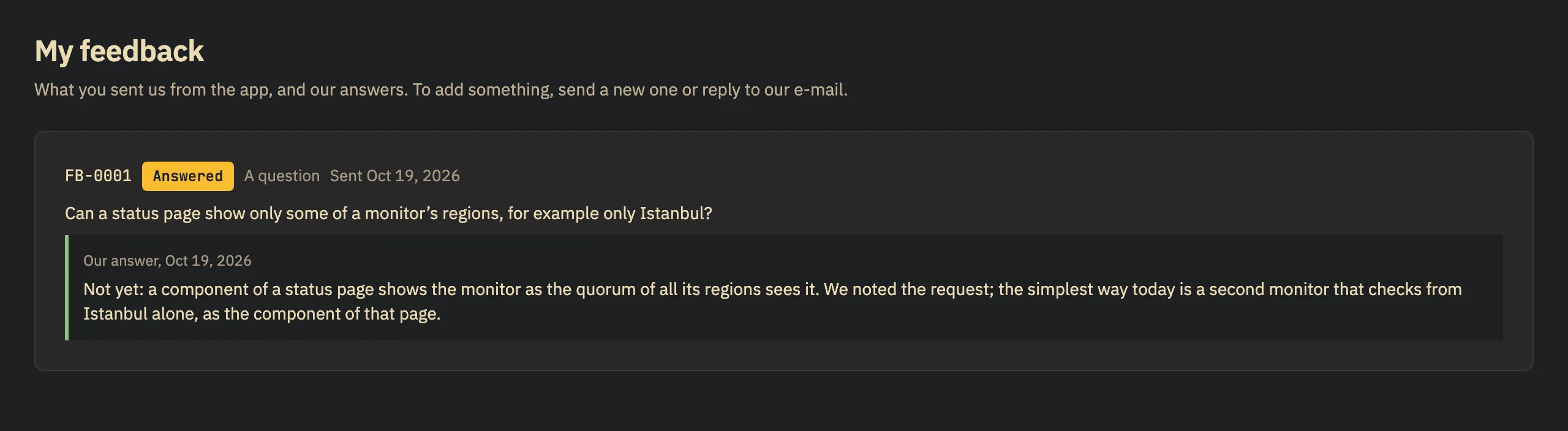 The My feedback page: one question, marked Answered, with the answer under it.